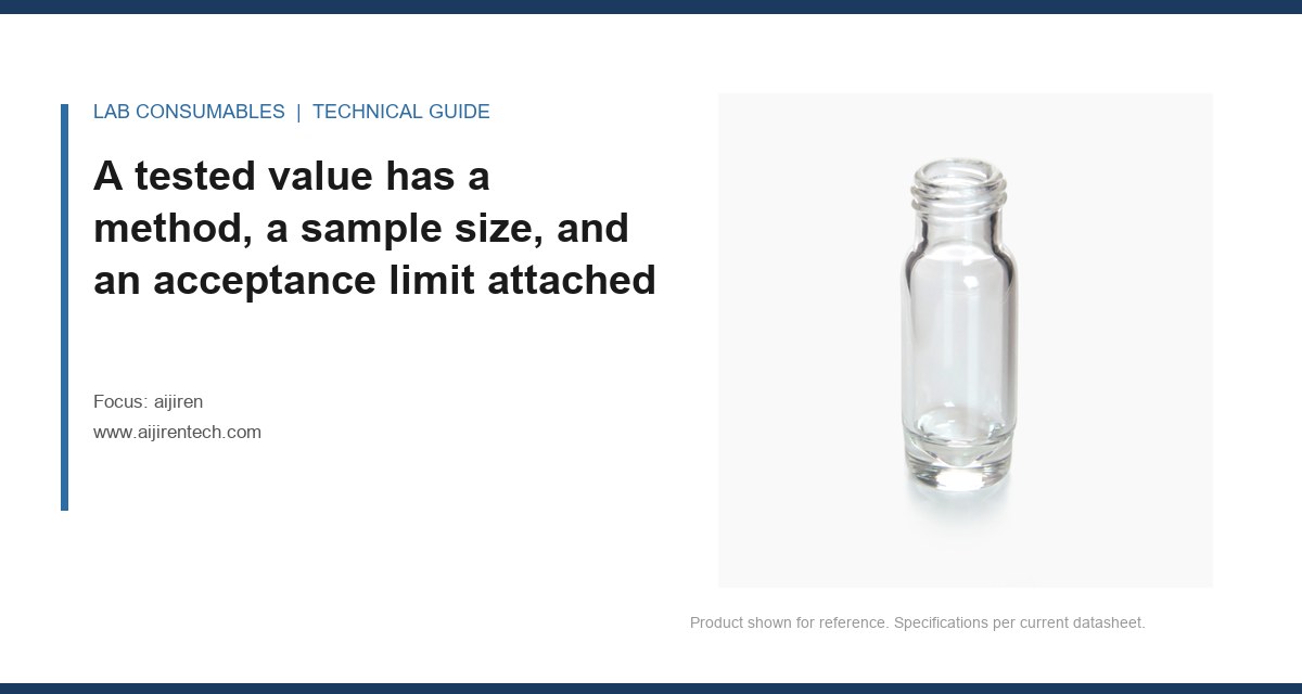 A tested value has a method, a sample size, and an acceptance limit attached